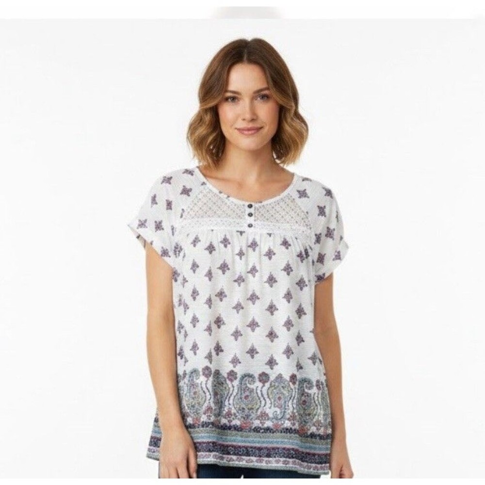 Just Be Ladies Size L Short Sleeved Top sheer White Lace Casual boho